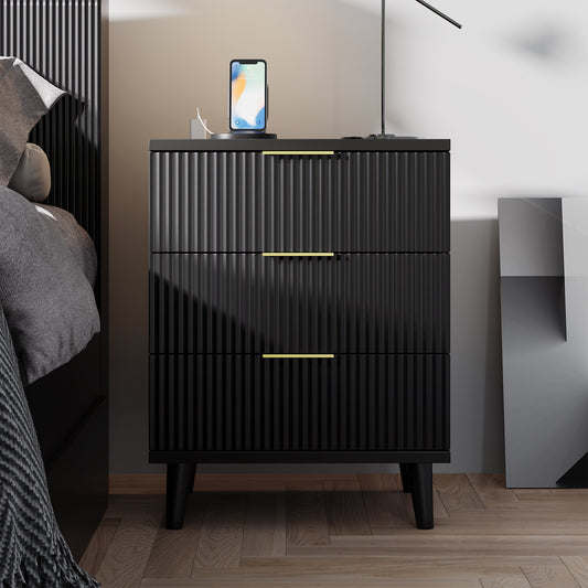 Fluted Black Nightstand with USB Charging Station, 3-Drawer Dresser Wood Modern Night Stand Bedside Table with Quiet Drawers & Large Storage End Table for Bedroom