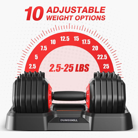 QIPAKA 25LBS Adjustable Dumbbells Set of 2, Durable Weights Dumbbells Set, 10 in 1 Free Weights Set with Anti-Slip Grip, Fast Adjust Gym Equipment Space Saving for Home Strength Training – Pair