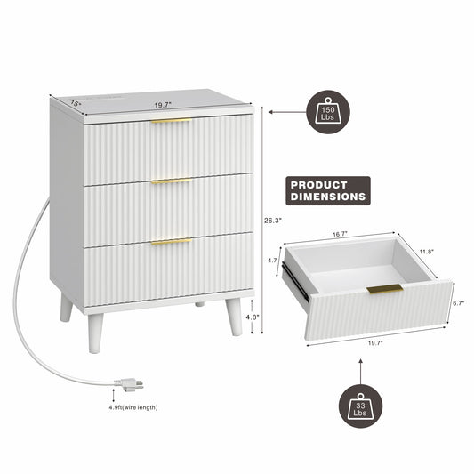 Fluted White Nightstand with USB Charging Station, 3-Drawer Dresser Wood Modern Night Stand Bedside Table with Quiet Drawers & Large Storage End Table for Bedroom