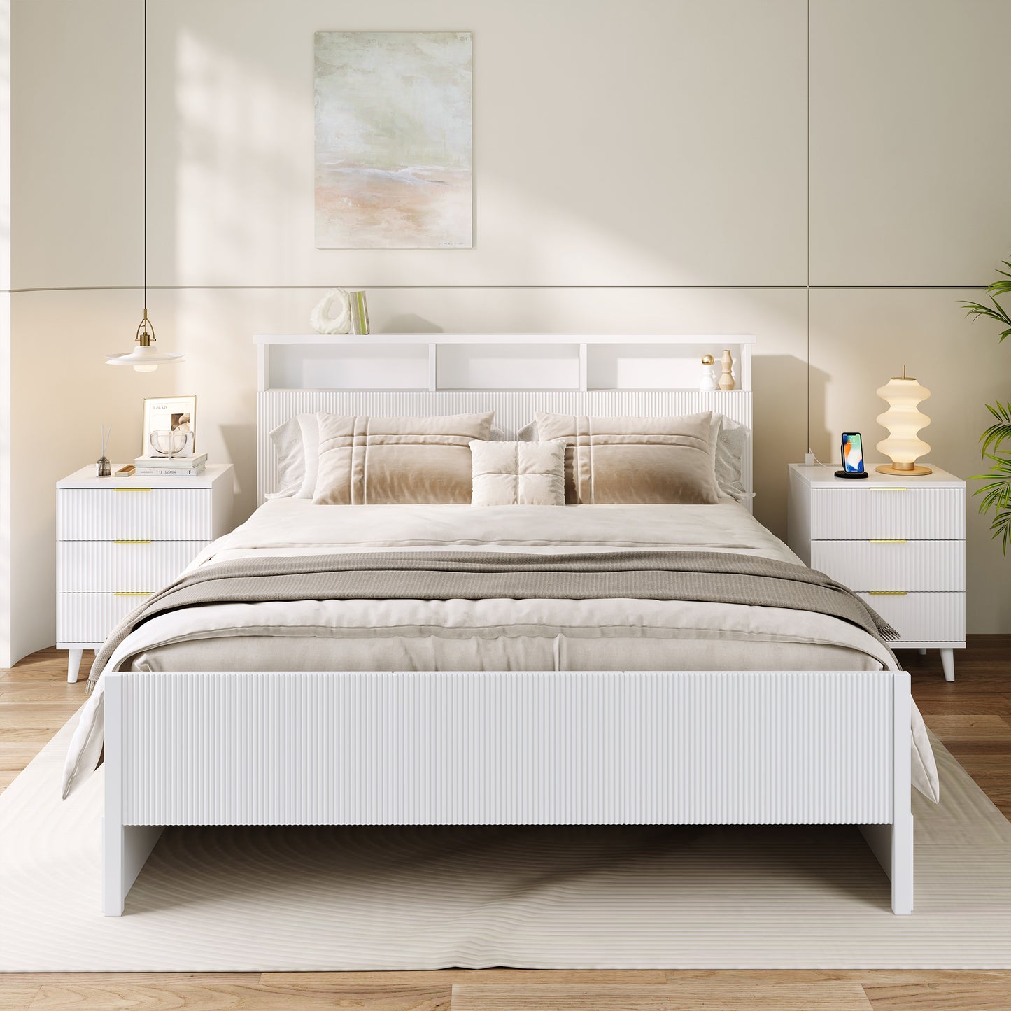 Fluted White Nightstand with USB Charging Station, 3-Drawer Dresser Wood Modern Night Stand Bedside Table with Quiet Drawers & Large Storage End Table for Bedroom