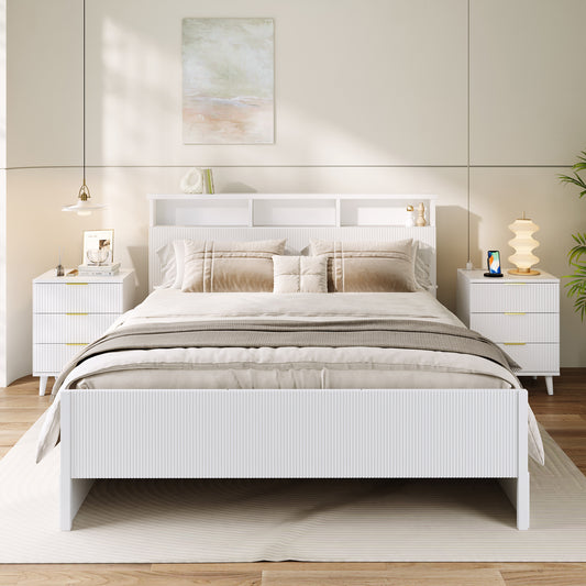 Fluted White Night Stand Set of 2 with USB Charging Station, 3-Drawer Dresser Wood Modern Bedside Table with Quiet Drawers & Large Storage End Table for Bedroom