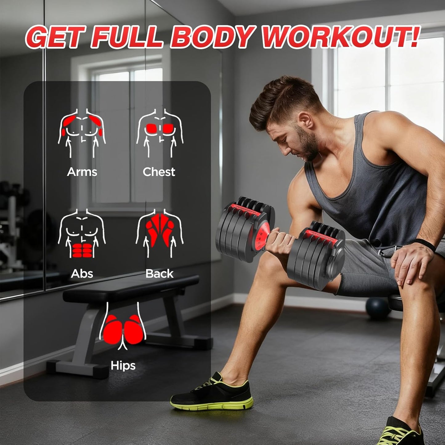 QIPAKA 52.5LBS Adjustable Dumbbells Set of 2, Durable Weights Dumbbells Set, 15 in 1 Free Weights Set with Anti-Slip Grip, Fast Adjust Gym Equipment Space Saving for Home Strength Training – Pair