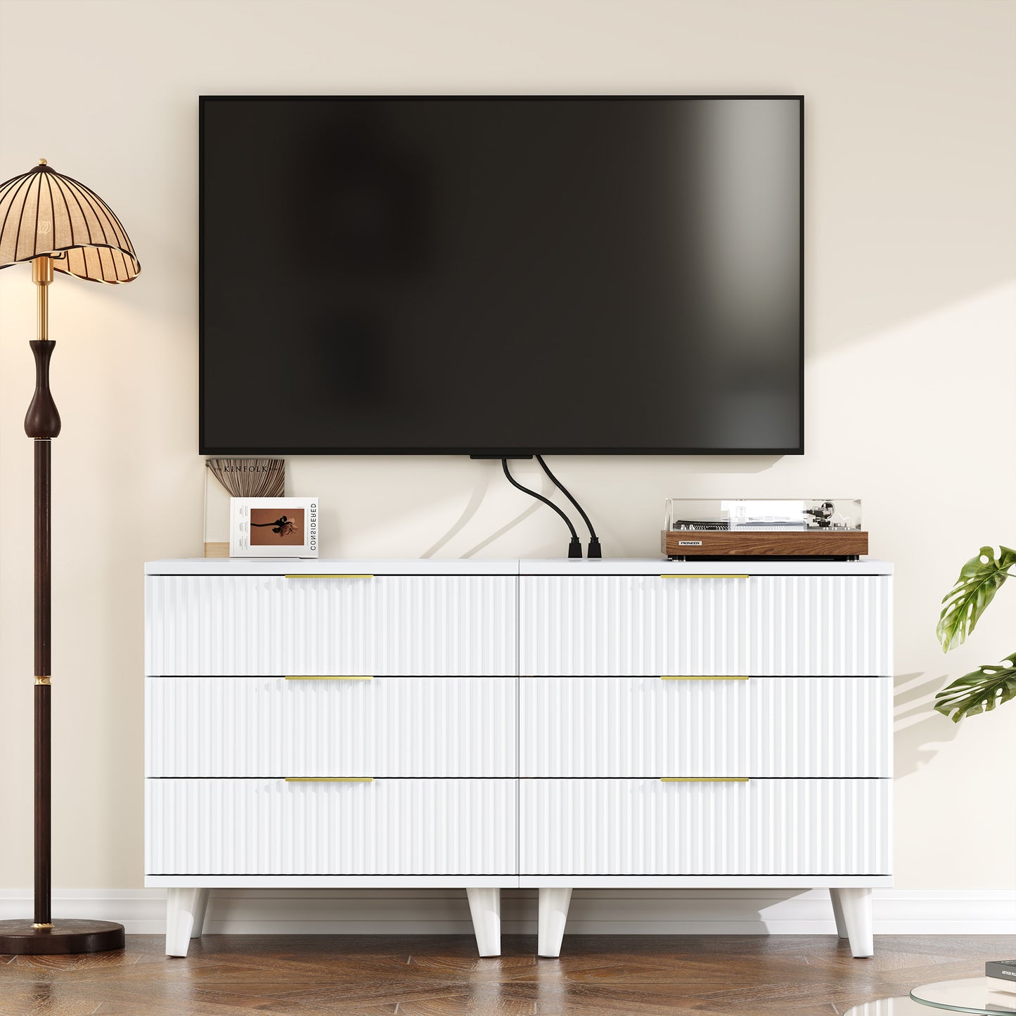 Fluted White Night Stand Set of 2 with USB Charging Station, 3-Drawer Dresser Wood Modern Bedside Table with Quiet Drawers & Large Storage End Table for Bedroom