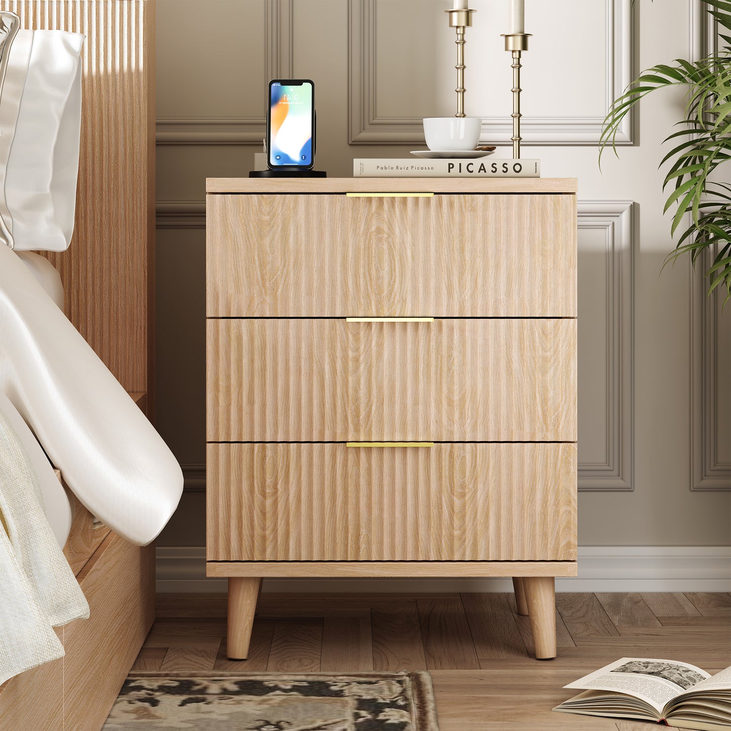 Fluted Night Stand Set of 2 with USB Charging Station, 3-Drawer Dresser Wood Modern Night Stand Bedside Table with Quiet Drawers & Large Storage End Table for Bedroom