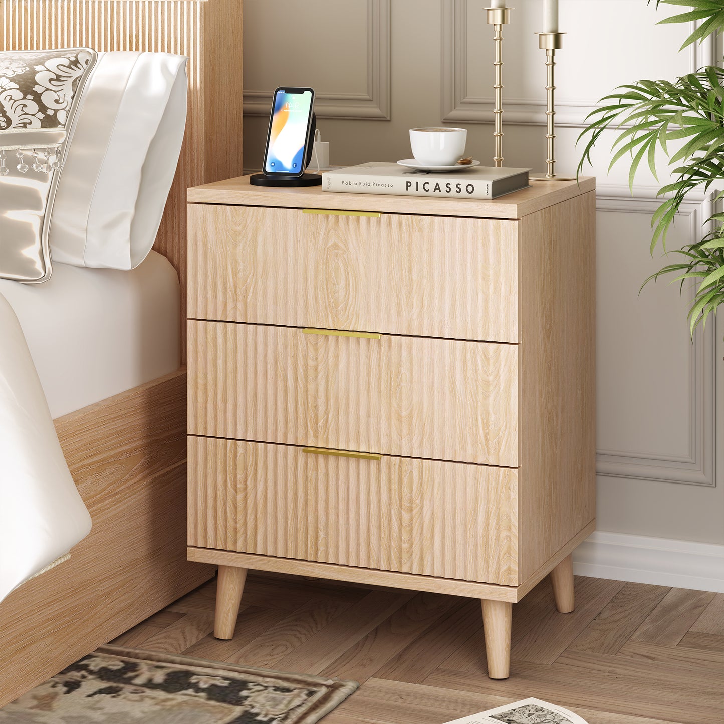 Fluted Nightstand with USB Charging Station, 3 Drawer Dresser Wood Modern Night Stand Bedside Table with Quiet Drawers & Large Storage End Table for Bedroom (1pcs, Natual)