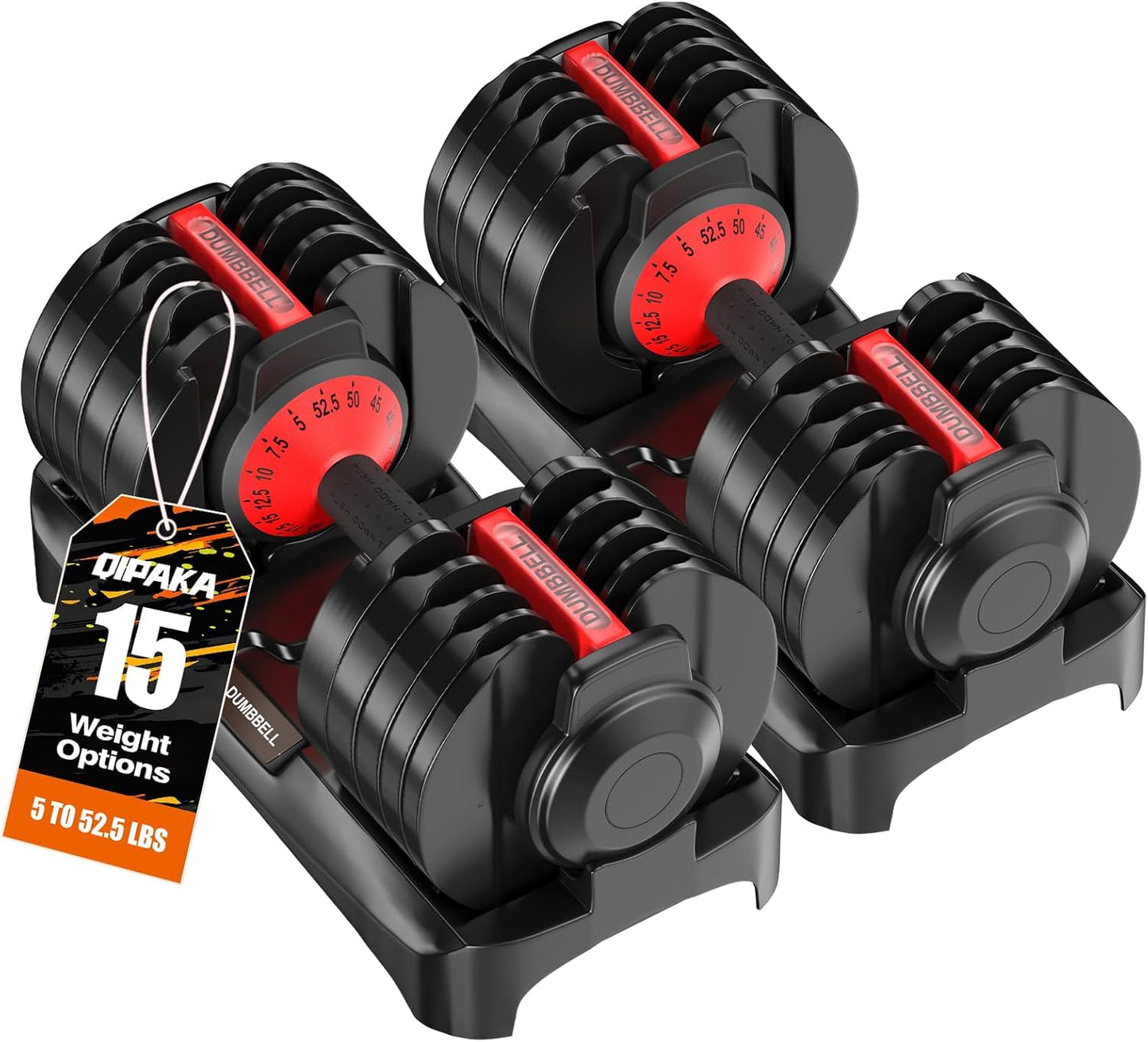 QIPAKA 52.5LBS Adjustable Dumbbells Set of 2, Durable Weights Dumbbells Set, 15 in 1 Free Weights Set with Anti-Slip Grip, Fast Adjust Gym Equipment Space Saving for Home Strength Training – Pair