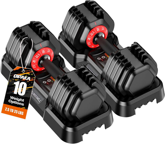 QIPAKA 25LBS Adjustable Dumbbells Set of 2, Durable Weights Dumbbells Set, 10 in 1 Free Weights Set with Anti-Slip Grip, Fast Adjust Gym Equipment Space Saving for Home Strength Training – Pair