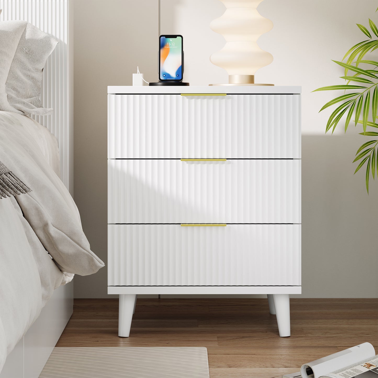 Fluted White Night Stand Set of 2 with USB Charging Station, 3-Drawer Dresser Wood Modern Bedside Table with Quiet Drawers & Large Storage End Table for Bedroom