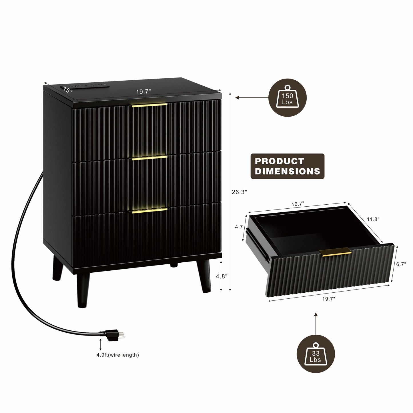 QIPAKA Fluted Night Stand Set of 2 with USB Charging Station, 3-Drawer Dresser Black Wood Moden Night Stand Bedside Table with Quiet Drawers & Large Storage End Table for Bedroom