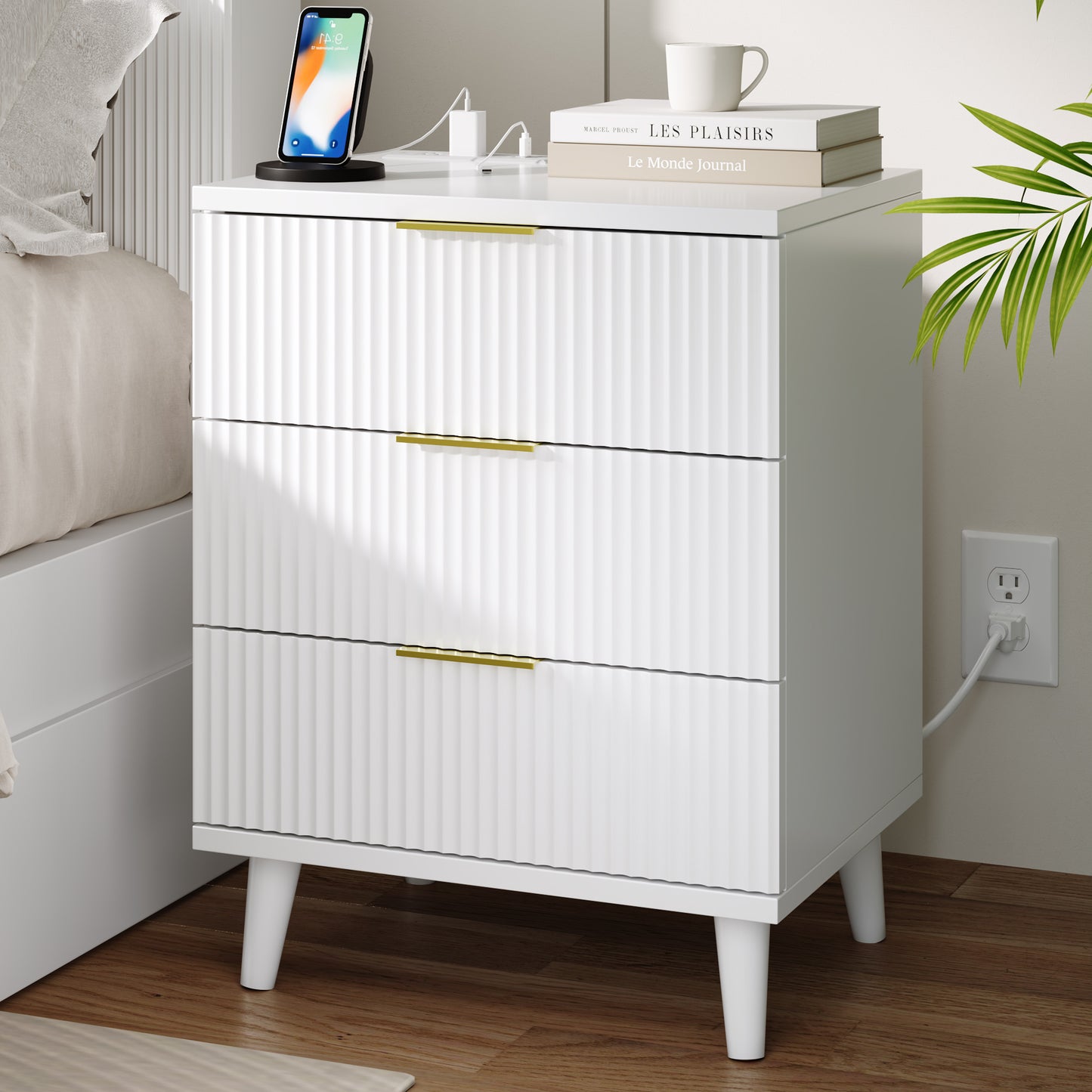 Fluted White Nightstand with USB Charging Station, 3-Drawer Dresser Wood Modern Night Stand Bedside Table with Quiet Drawers & Large Storage End Table for Bedroom