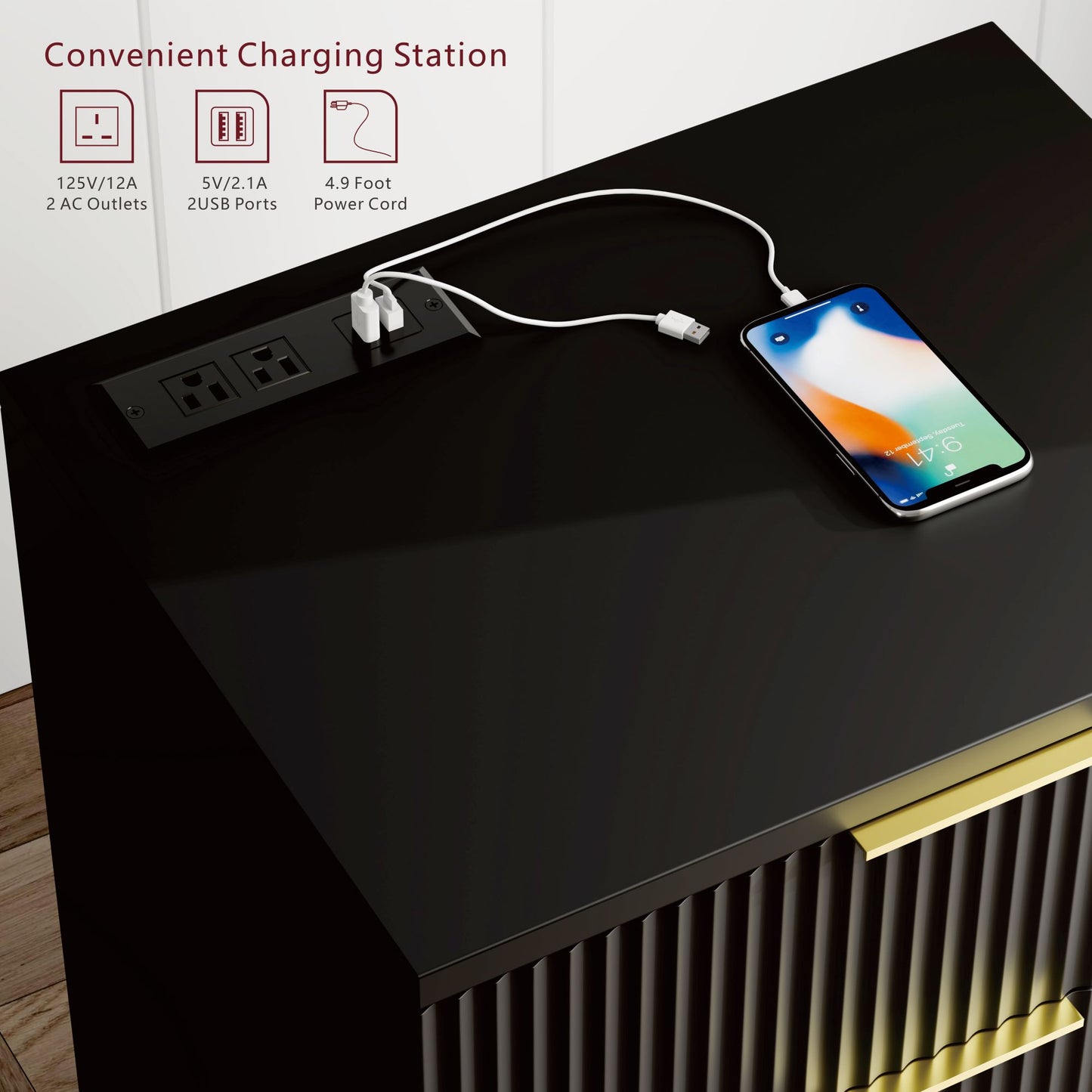 QIPAKA Fluted Night Stand Set of 2 with USB Charging Station, 3-Drawer Dresser Black Wood Moden Night Stand Bedside Table with Quiet Drawers & Large Storage End Table for Bedroom