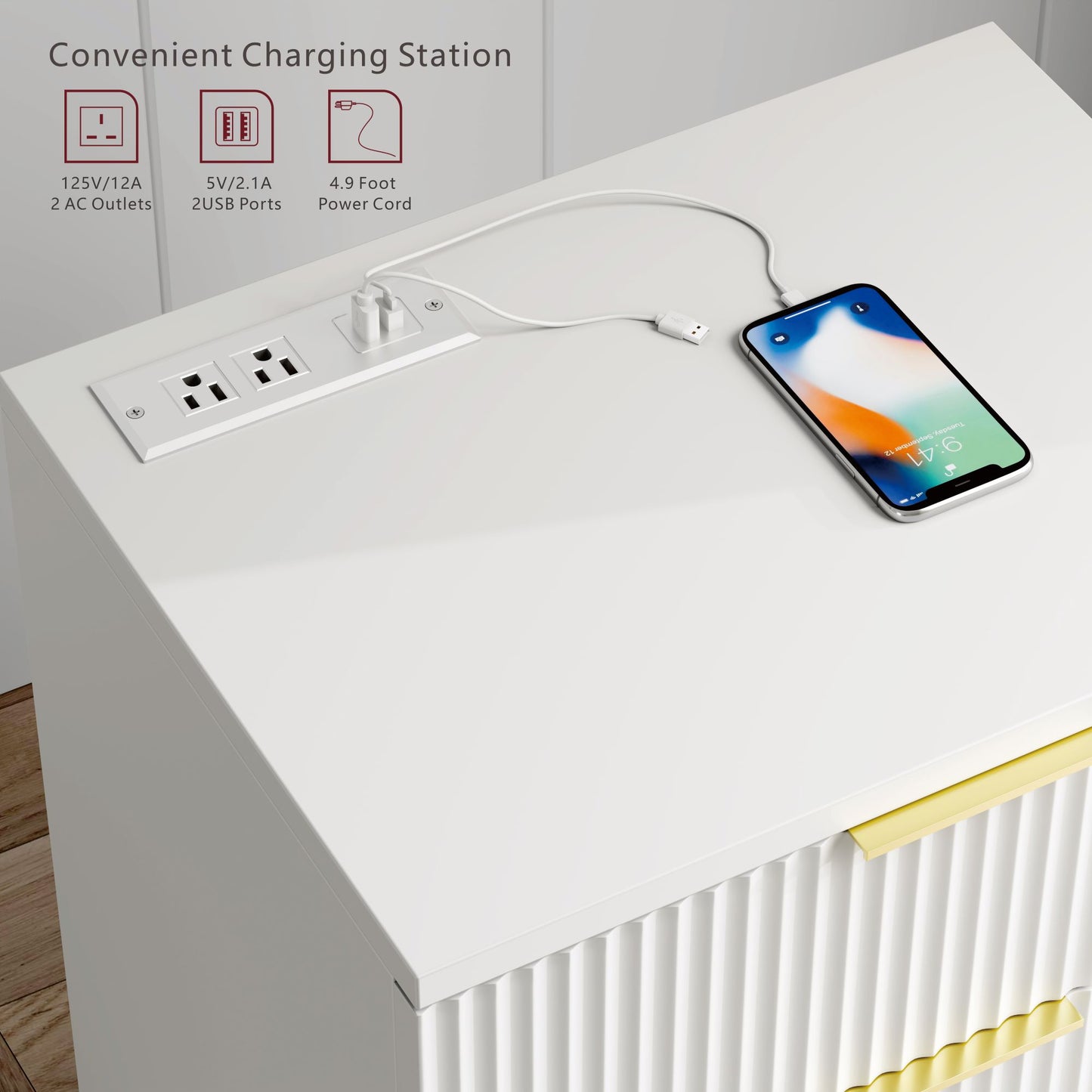 Fluted White Night Stand Set of 2 with USB Charging Station, 3-Drawer Dresser Wood Modern Bedside Table with Quiet Drawers & Large Storage End Table for Bedroom