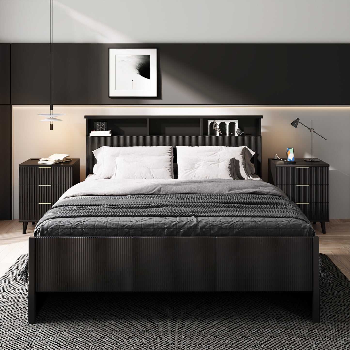 QIPAKA Fluted Night Stand Set of 2 with USB Charging Station, 3-Drawer Dresser Black Wood Moden Night Stand Bedside Table with Quiet Drawers & Large Storage End Table for Bedroom