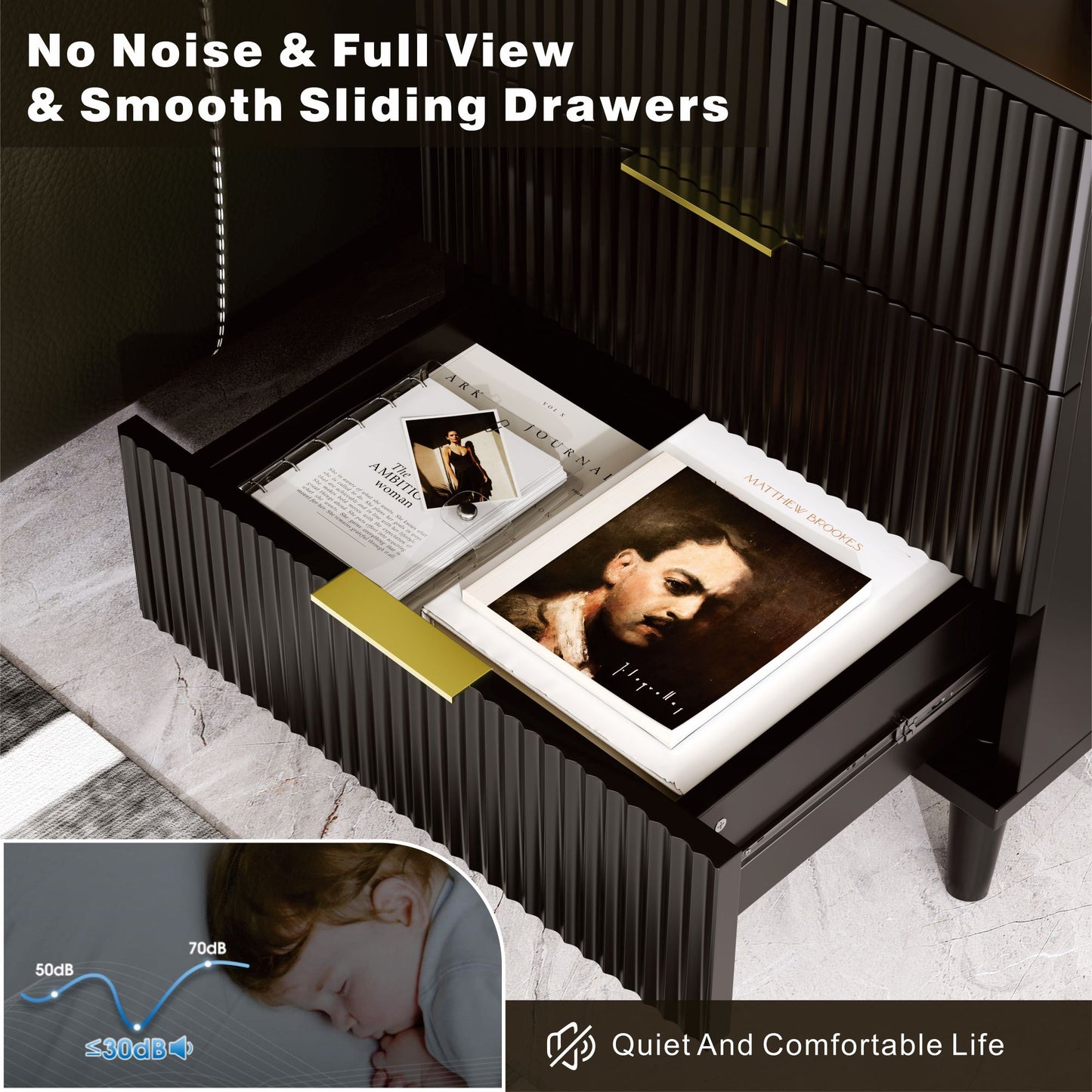 QIPAKA Fluted Night Stand Set of 2 with USB Charging Station, 3-Drawer Dresser Black Wood Moden Night Stand Bedside Table with Quiet Drawers & Large Storage End Table for Bedroom