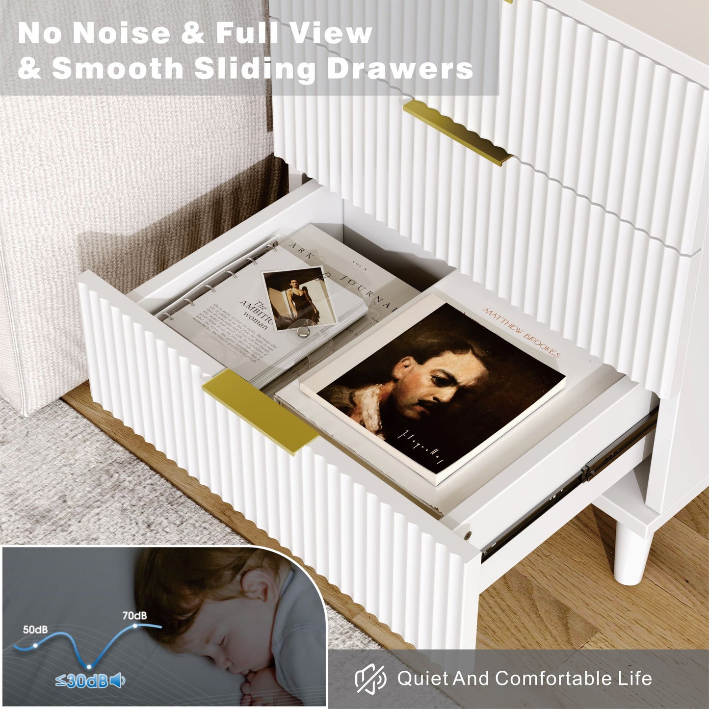 Fluted White Night Stand Set of 2 with USB Charging Station, 3-Drawer Dresser Wood Modern Bedside Table with Quiet Drawers & Large Storage End Table for Bedroom