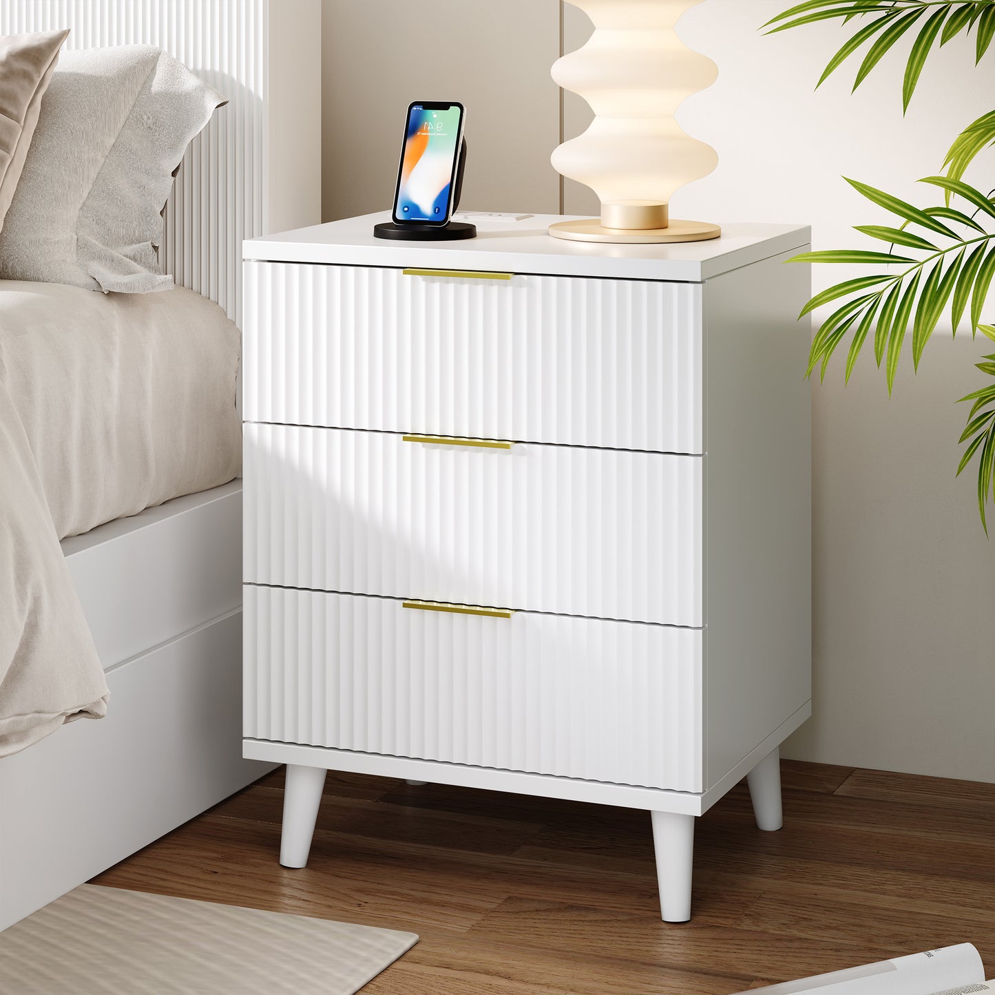 Fluted White Night Stand Set of 2 with USB Charging Station, 3-Drawer Dresser Wood Modern Bedside Table with Quiet Drawers & Large Storage End Table for Bedroom
