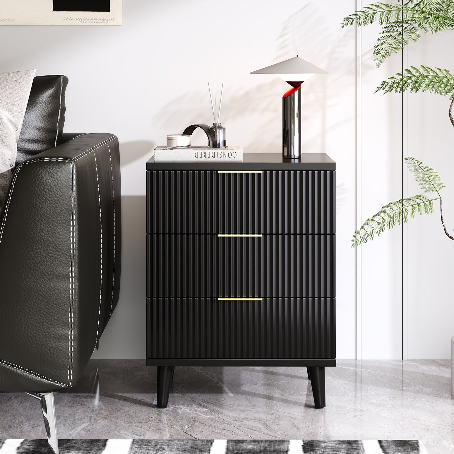 QIPAKA Fluted Night Stand Set of 2 with USB Charging Station, 3-Drawer Dresser Black Wood Moden Night Stand Bedside Table with Quiet Drawers & Large Storage End Table for Bedroom