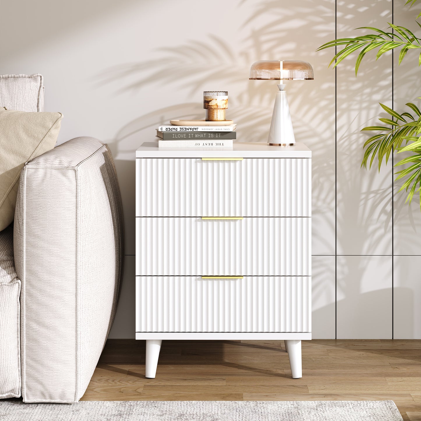 Fluted White Night Stand Set of 2 with USB Charging Station, 3-Drawer Dresser Wood Modern Bedside Table with Quiet Drawers & Large Storage End Table for Bedroom