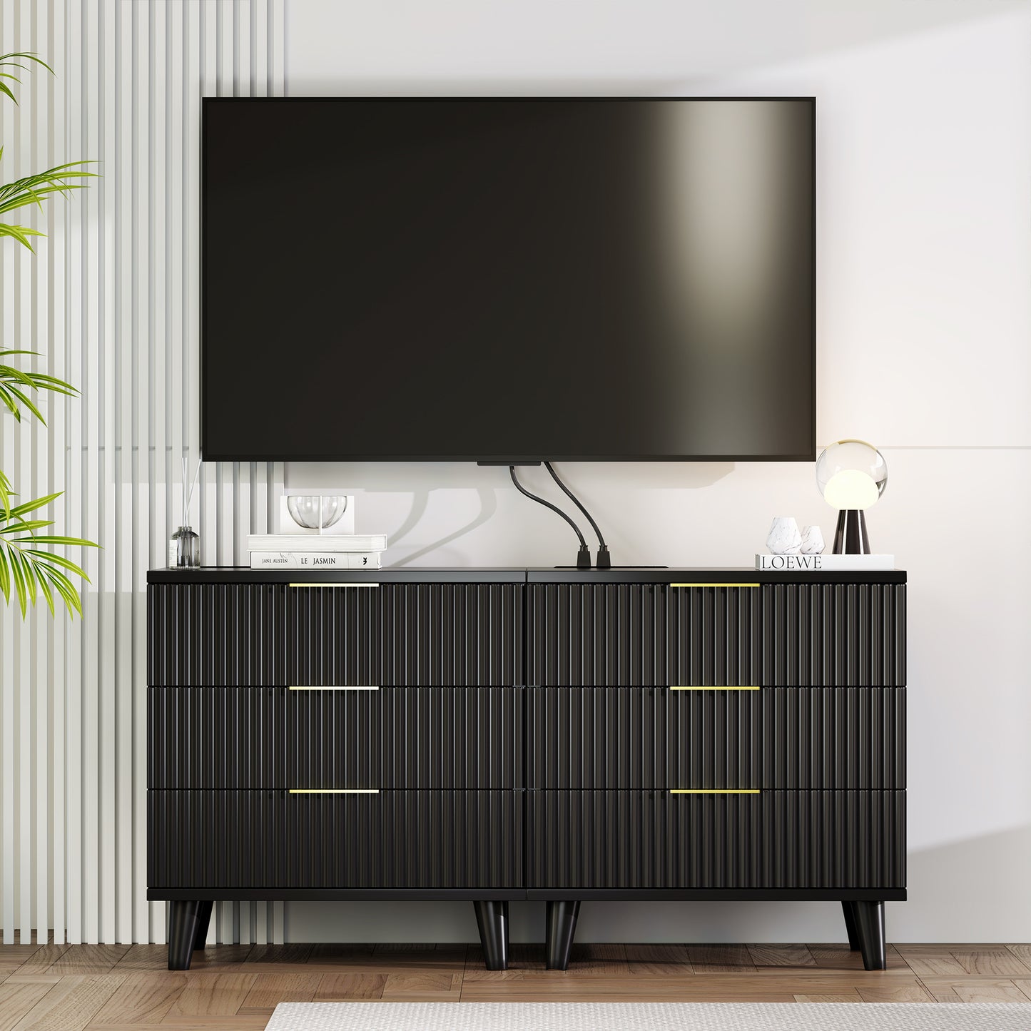 QIPAKA Fluted Night Stand Set of 2 with USB Charging Station, 3-Drawer Dresser Black Wood Moden Night Stand Bedside Table with Quiet Drawers & Large Storage End Table for Bedroom