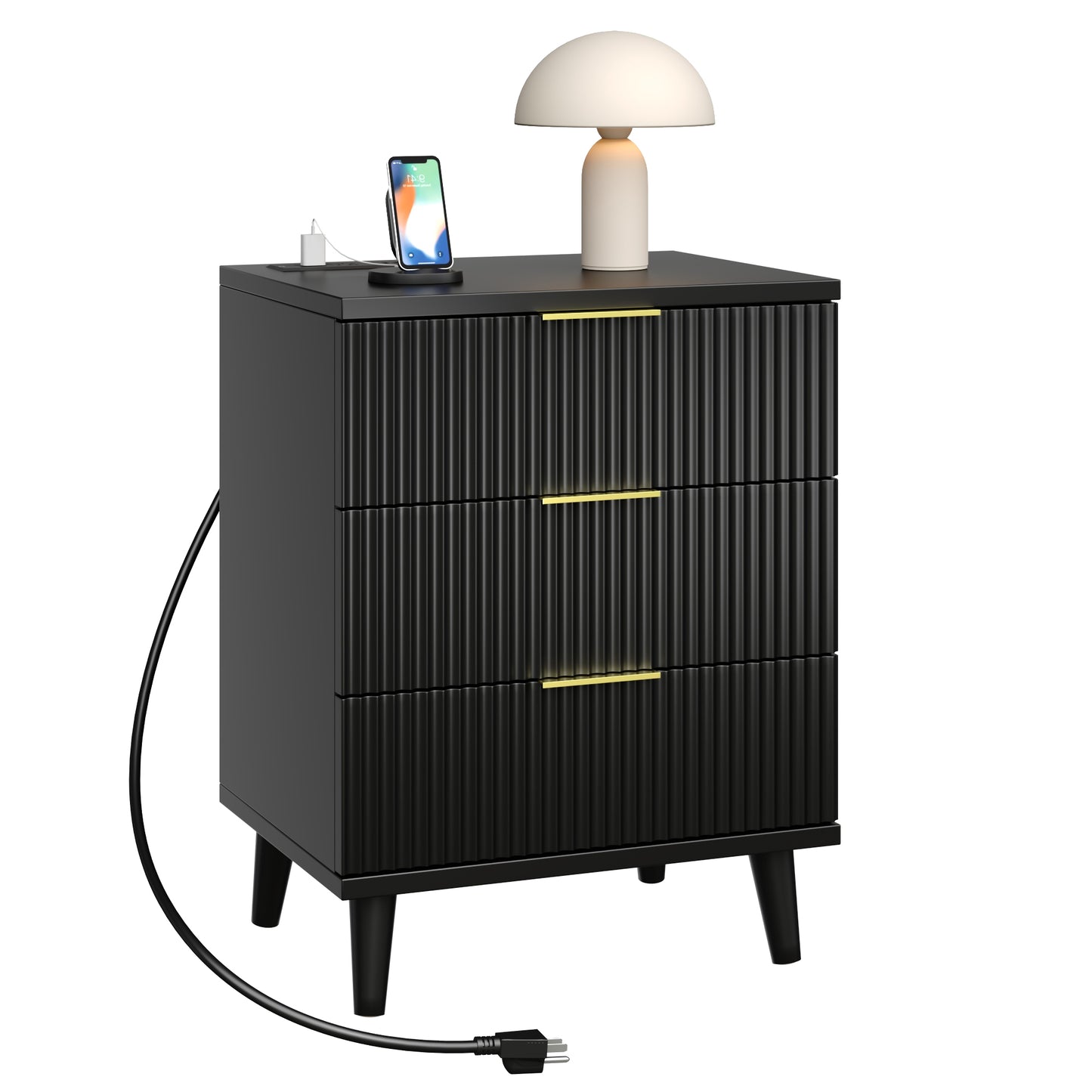 Fluted Black Nightstand with USB Charging Station, 3-Drawer Dresser Wood Modern Night Stand Bedside Table with Quiet Drawers & Large Storage End Table for Bedroom