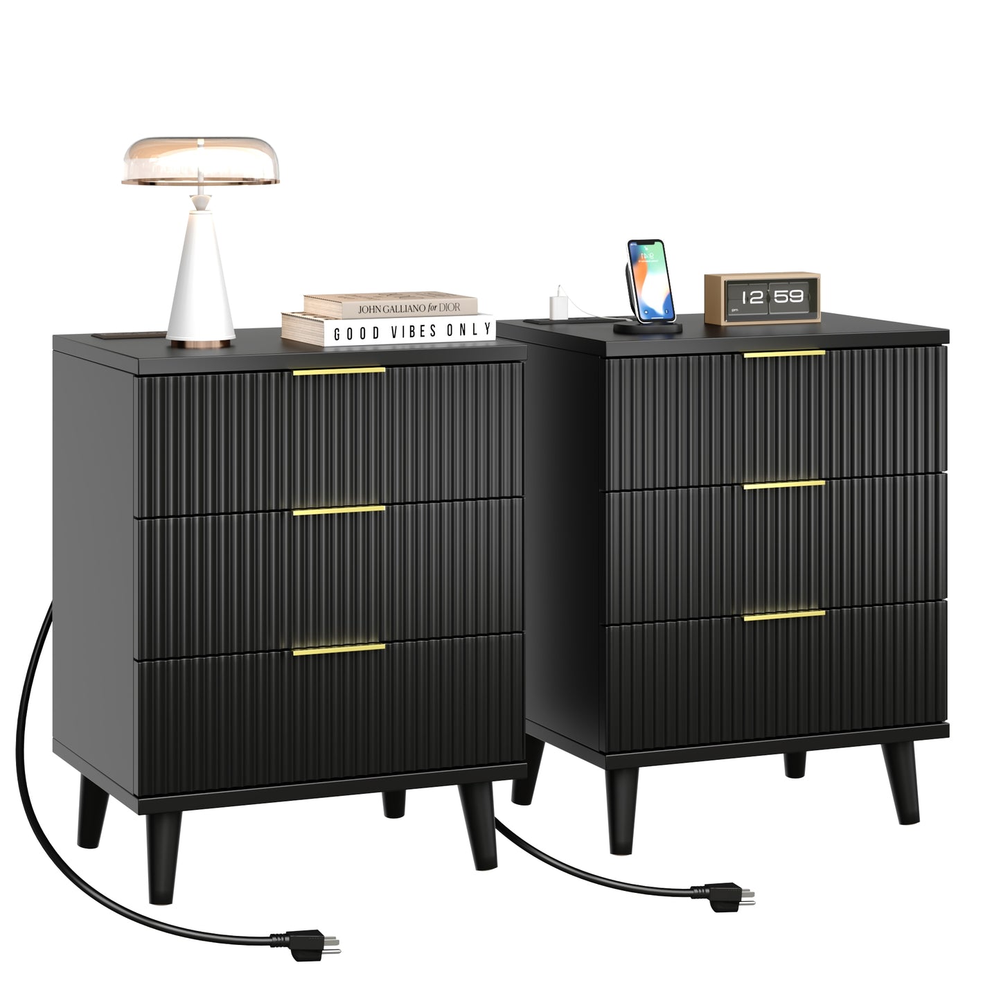 QIPAKA Fluted Night Stand Set of 2 with USB Charging Station, 3-Drawer Dresser Black Wood Moden Night Stand Bedside Table with Quiet Drawers & Large Storage End Table for Bedroom