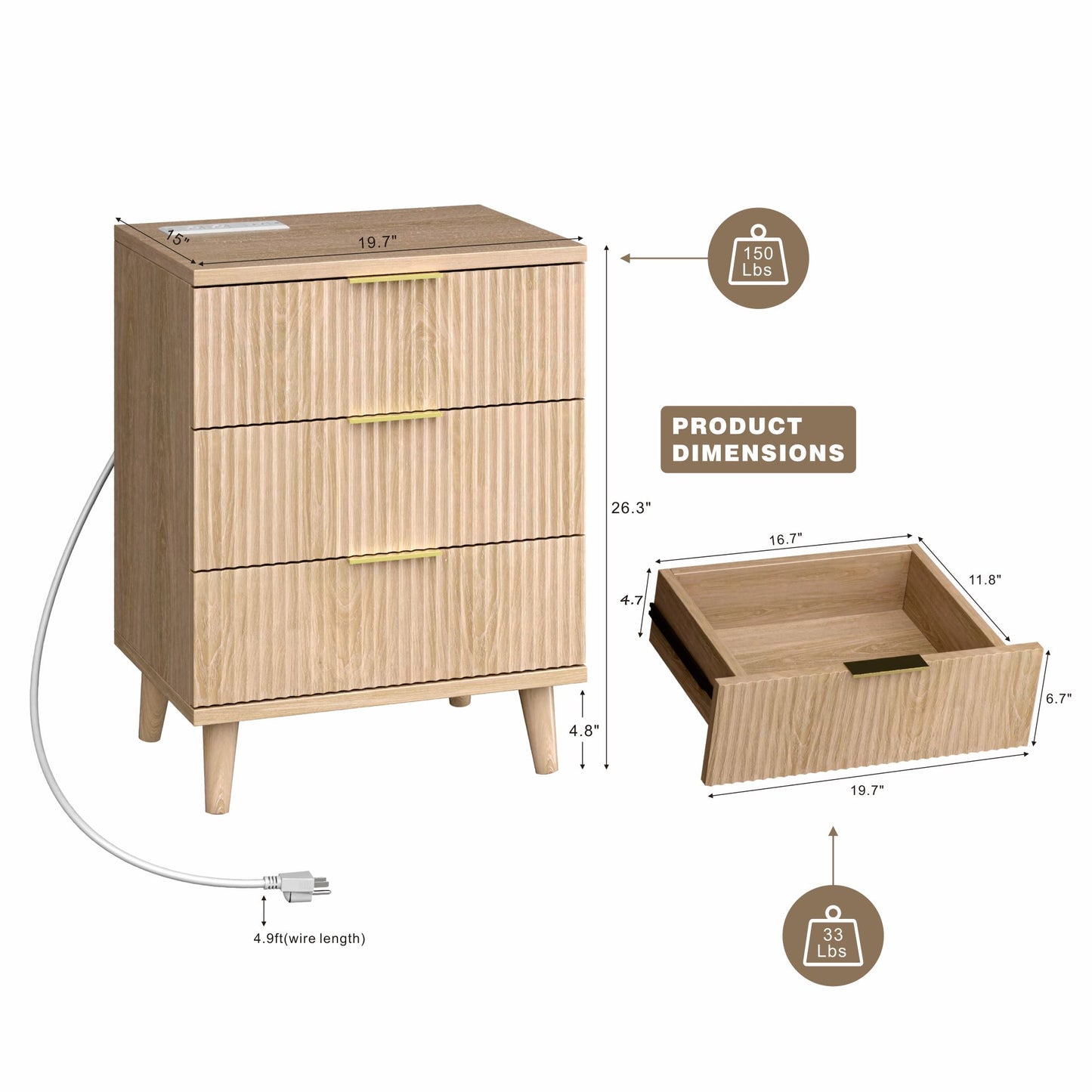 Fluted Night Stand Set of 2 with USB Charging Station, 3-Drawer Dresser Wood Modern Night Stand Bedside Table with Quiet Drawers & Large Storage End Table for Bedroom