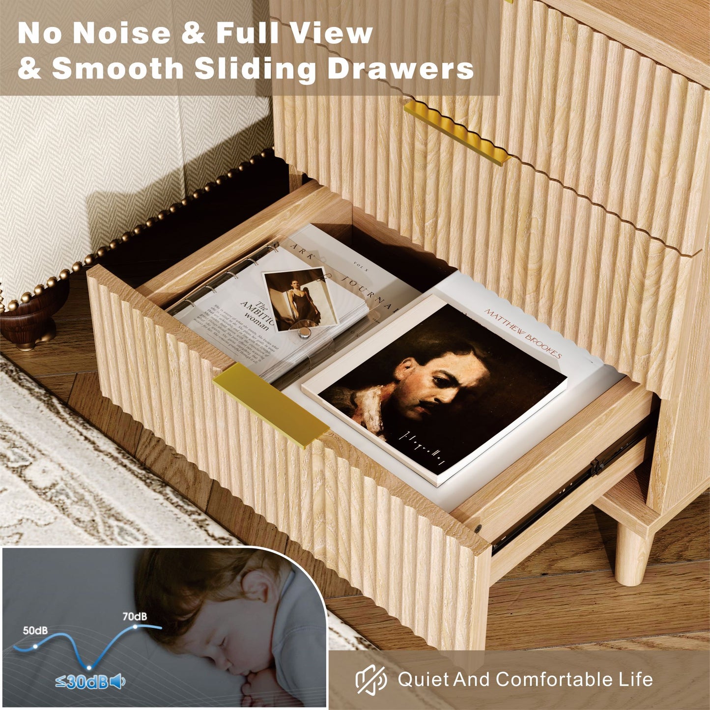 Fluted Night Stand Set of 2 with USB Charging Station, 3-Drawer Dresser Wood Modern Night Stand Bedside Table with Quiet Drawers & Large Storage End Table for Bedroom