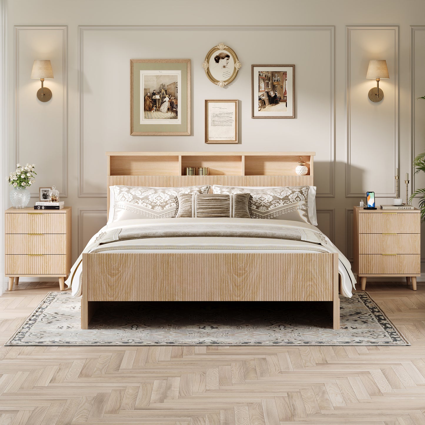 Fluted Night Stand Set of 2 with USB Charging Station, 3-Drawer Dresser Wood Modern Night Stand Bedside Table with Quiet Drawers & Large Storage End Table for Bedroom