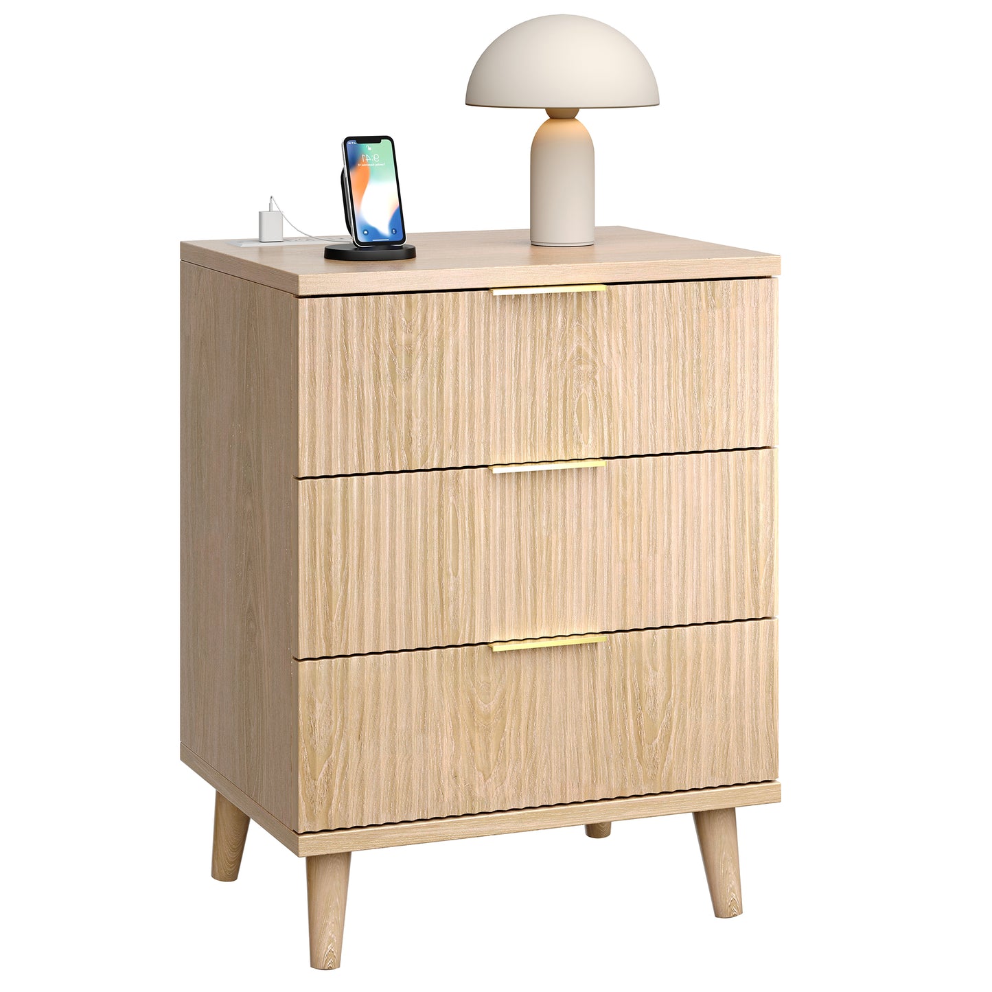 Fluted Nightstand with USB Charging Station, 3 Drawer Dresser Wood Modern Night Stand Bedside Table with Quiet Drawers & Large Storage End Table for Bedroom (1pcs, Natual)