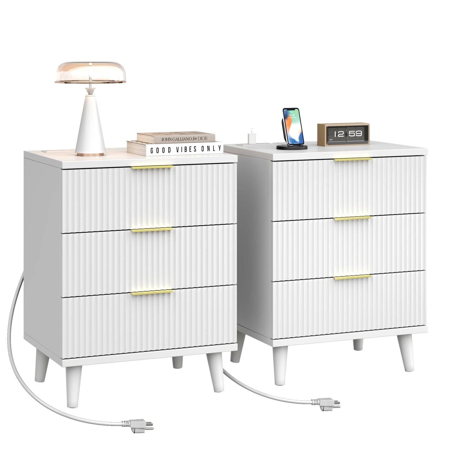 Fluted White Night Stand Set of 2 with USB Charging Station, 3-Drawer Dresser Wood Modern Bedside Table with Quiet Drawers & Large Storage End Table for Bedroom