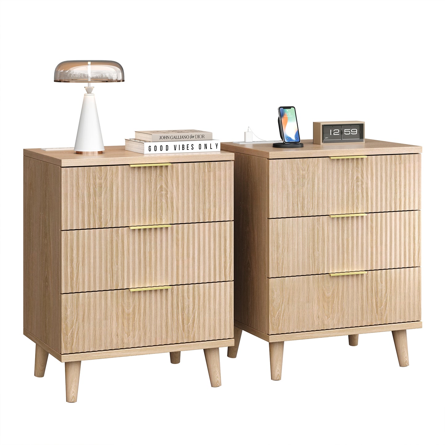 Fluted Night Stand Set of 2 with USB Charging Station, 3-Drawer Dresser Wood Modern Night Stand Bedside Table with Quiet Drawers & Large Storage End Table for Bedroom